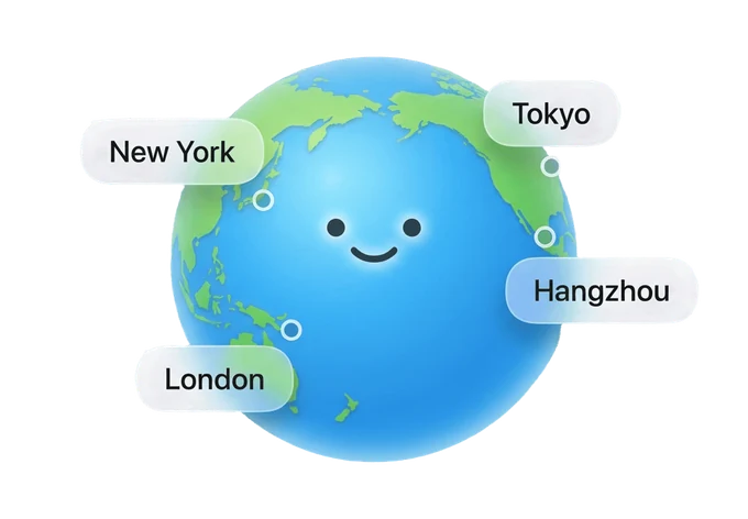Globe with New York, Tokyo, London and Hangzhou search markers